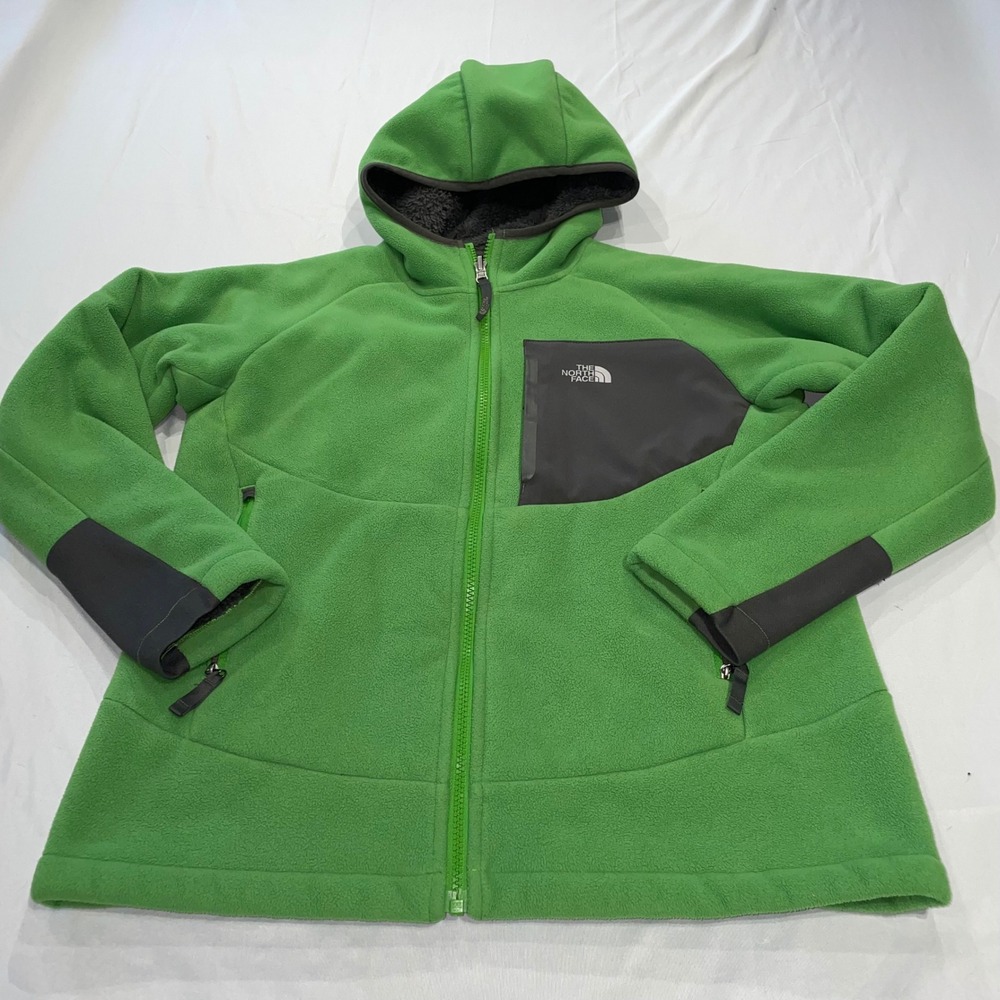 The North Face Boys Full Zip Sherpa Lined Fleece Hoodie Green Grey Large 14/16
